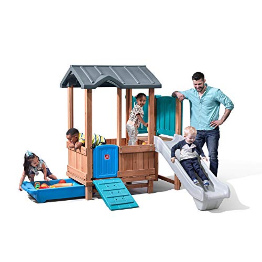 Kids Outdoor Swing Set - Woodland Adventure Playhouse & Slide, ensemble